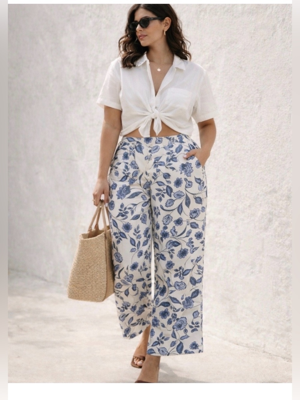 Ella Moss Cream and Navy Linen Floral Pull-On Wide Leg Pants XXXL